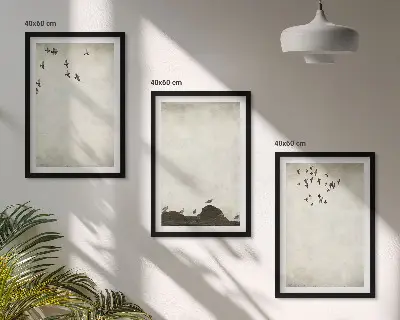 Ensemble de 3 tableaux pour salon motif de minimalisme avec des oiseaux en vol