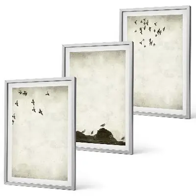 Ensemble de 3 tableaux pour salon motif de minimalisme avec des oiseaux en vol