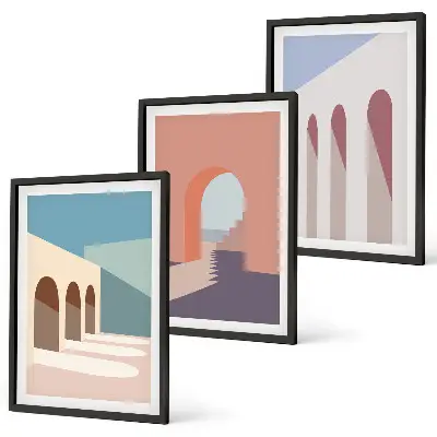 Cadre photo mural graphismes architecturaux aux tons pastel