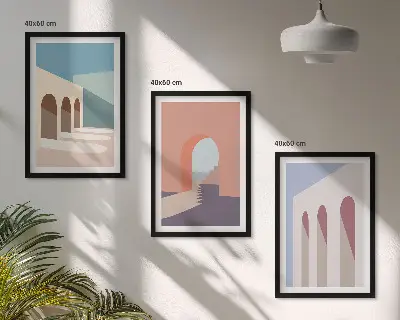 Cadre photo mural graphismes architecturaux aux tons pastel