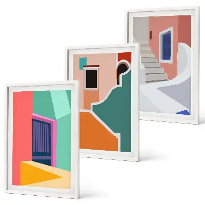 Cadre photo mural avec illustrations colorées de bâtiments