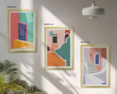 Cadre photo mural avec illustrations colorées de bâtiments