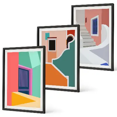 Cadre photo mural avec illustrations colorées de bâtiments