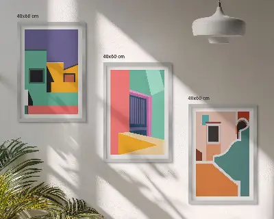 Lot de 3 tableaux pour salon avec illustrations colorées de la ville
