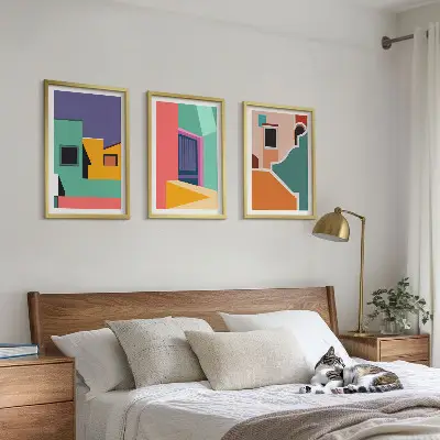 Lot de 3 tableaux pour salon avec illustrations colorées de la ville