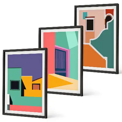 Lot de 3 tableaux pour salon avec illustrations colorées de la ville