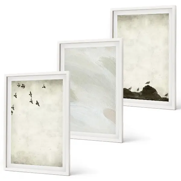 Cadre photo mural avec motifs d'oiseaux, de rochers et de coups de pinceau