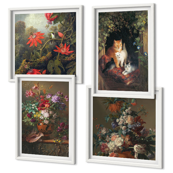 Ensemble de 4 tableaux Fleurs vintage, chats, plantes