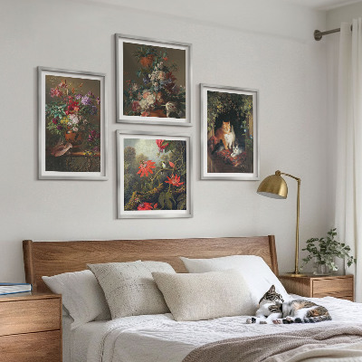 Ensemble de 4 tableaux Fleurs vintage, chats, plantes