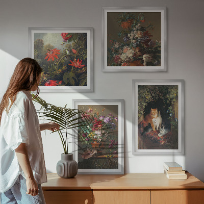 Ensemble de 4 tableaux Fleurs vintage, chats, plantes