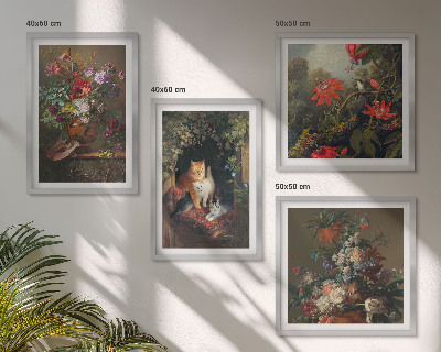 Ensemble de 4 tableaux Fleurs vintage, chats, plantes