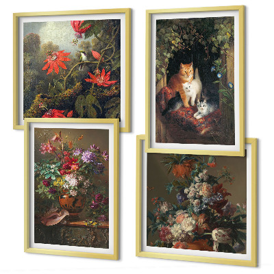 Ensemble de 4 tableaux Fleurs vintage, chats, plantes
