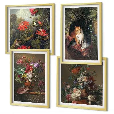 Ensemble de 4 tableaux motifs de fleurs vintage, chats et plantes