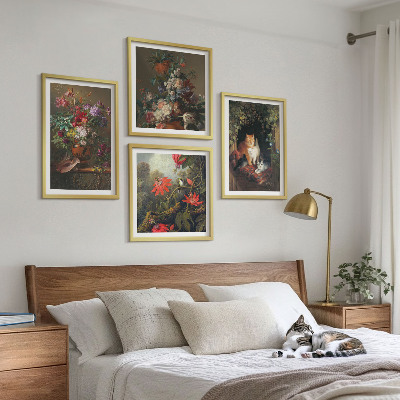 Ensemble de 4 tableaux Fleurs vintage, chats, plantes