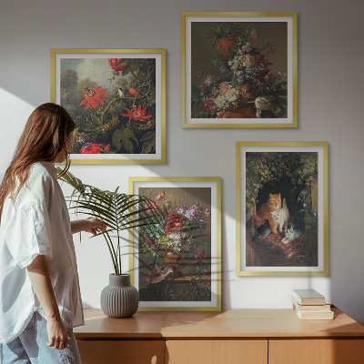 Ensemble de 4 tableaux Fleurs vintage, chats, plantes