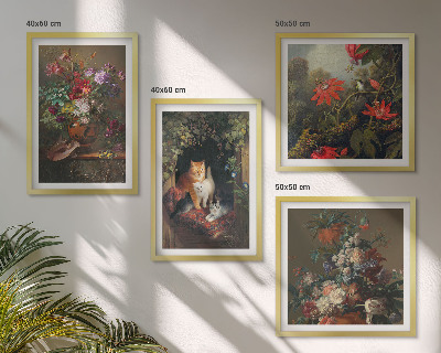 Ensemble de 4 tableaux Fleurs vintage, chats, plantes