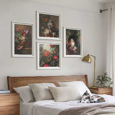 Ensemble de 4 tableaux Fleurs vintage, chats, plantes