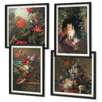 Ensemble de 4 tableaux Fleurs vintage, chats, plantes
