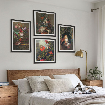 Ensemble de 4 tableaux Fleurs vintage, chats, plantes