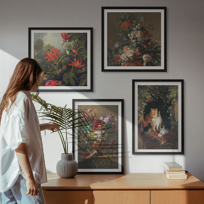 Ensemble de 4 tableaux Fleurs vintage, chats, plantes