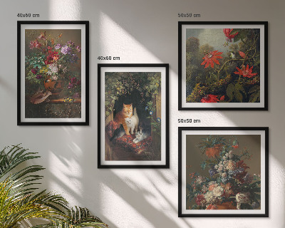 Ensemble de 4 tableaux Fleurs vintage, chats, plantes