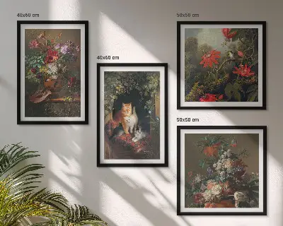 Ensemble de 4 tableaux motifs de fleurs vintage, chats et plantes