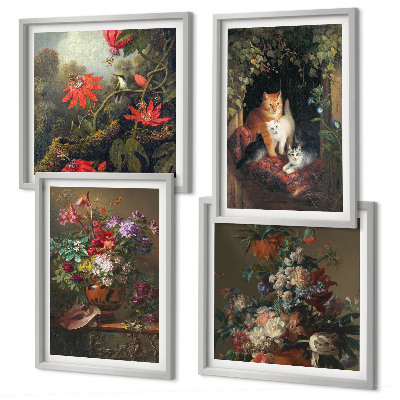 Ensemble de 4 tableaux Fleurs vintage, chats, plantes