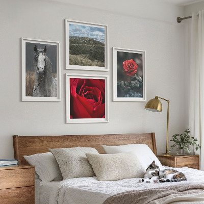 Ensemble de 4 tableaux Roses rouges sur fond gris cheval
