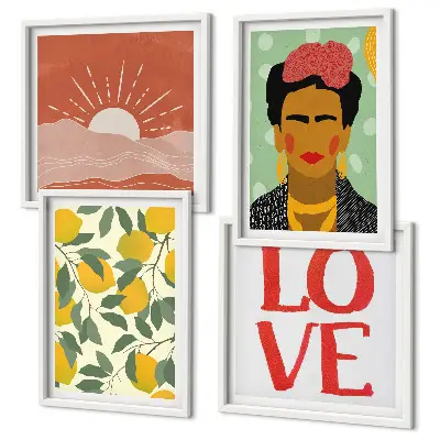 Tableau polyptyque 3 cadres motif de citrons avec inscription paysage d'amour Frida