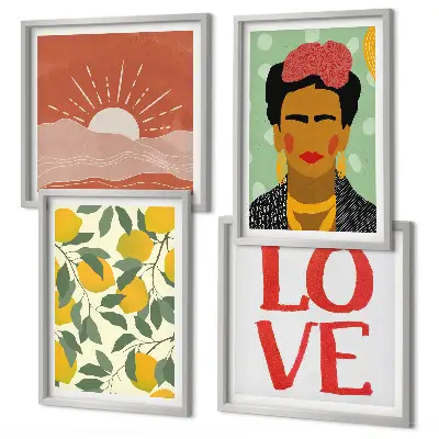 Tableau polyptyque 3 cadres motif de citrons avec inscription paysage d'amour Frida
