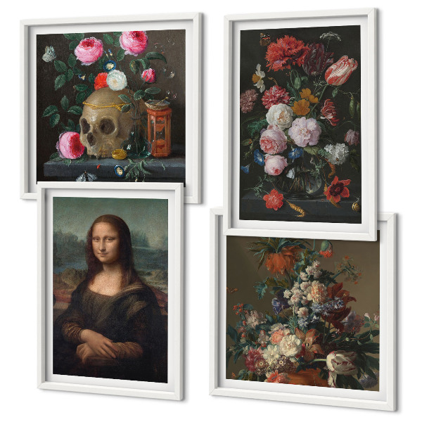 Ensemble de 4 tableaux Fleurs vintage, crâne, mona lisa
