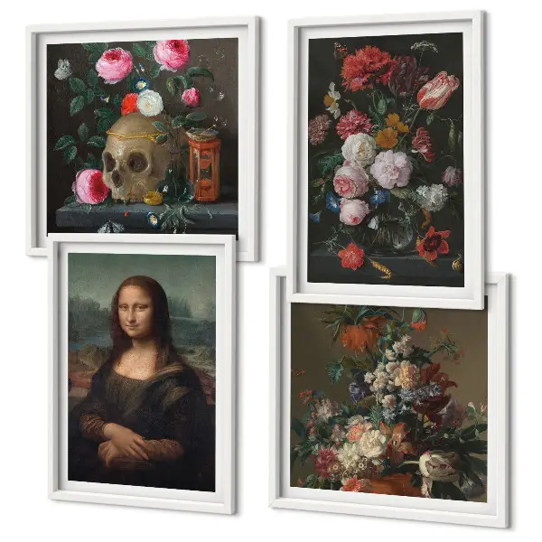 Ensemble de 4 tableaux motifs fleurs vintage, crâne et Mona Lisa