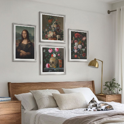 Ensemble de 4 tableaux Fleurs vintage, crâne, mona lisa