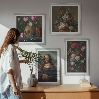 Ensemble de 4 tableaux Fleurs vintage, crâne, mona lisa