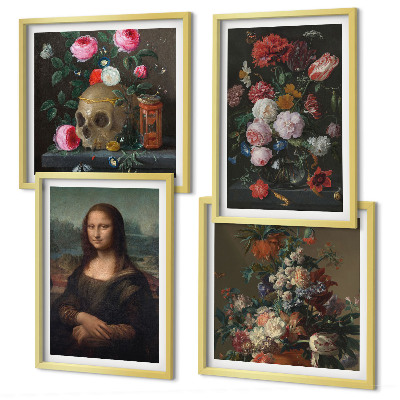 Ensemble de 4 tableaux Fleurs vintage, crâne, mona lisa