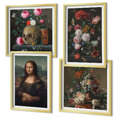 Ensemble de 4 tableaux motifs fleurs vintage, crâne et Mona Lisa