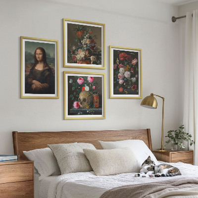 Ensemble de 4 tableaux Fleurs vintage, crâne, mona lisa
