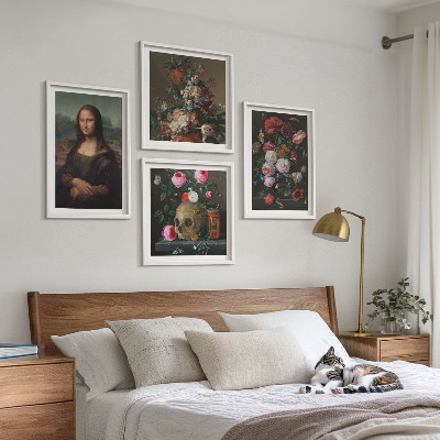 Ensemble de 4 tableaux Fleurs vintage, crâne, mona lisa