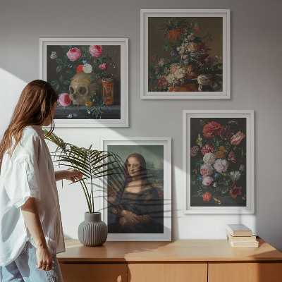 Ensemble de 4 tableaux Fleurs vintage, crâne, mona lisa