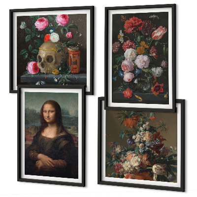 Ensemble de 4 tableaux Fleurs vintage, crâne, mona lisa