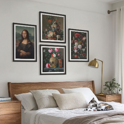 Ensemble de 4 tableaux Fleurs vintage, crâne, mona lisa
