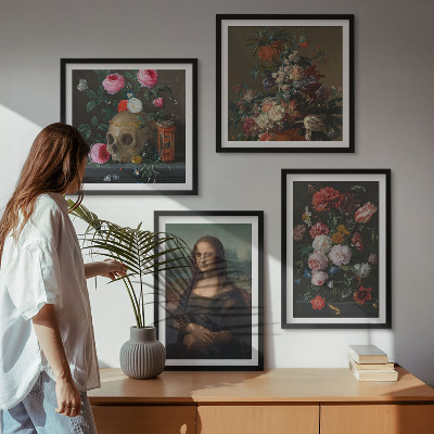 Ensemble de 4 tableaux Fleurs vintage, crâne, mona lisa