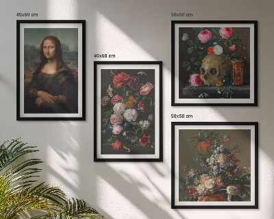 Ensemble de 4 tableaux Fleurs vintage, crâne, mona lisa