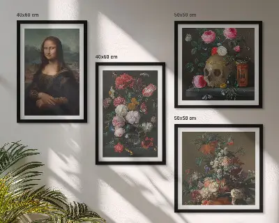 Ensemble de 4 tableaux motifs fleurs vintage, crâne et Mona Lisa