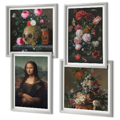 Ensemble de 4 tableaux Fleurs vintage, crâne, mona lisa
