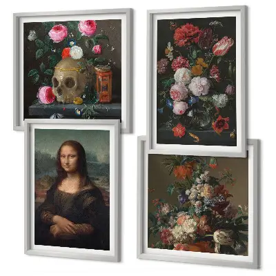 Ensemble de 4 tableaux motifs fleurs vintage, crâne et Mona Lisa