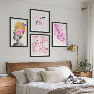 Portrait abstrait de femme avec des fleurs tableau polyptyque en 4 cadres