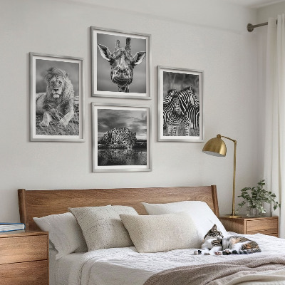 Ensemble de 4 tableaux Animaux sauvages lion jaguar girafe zèbres