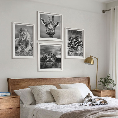 Ensemble de 4 tableaux Animaux sauvages lion jaguar girafe zèbres