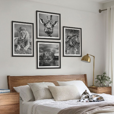 Ensemble de 4 tableaux Animaux sauvages lion jaguar girafe zèbres